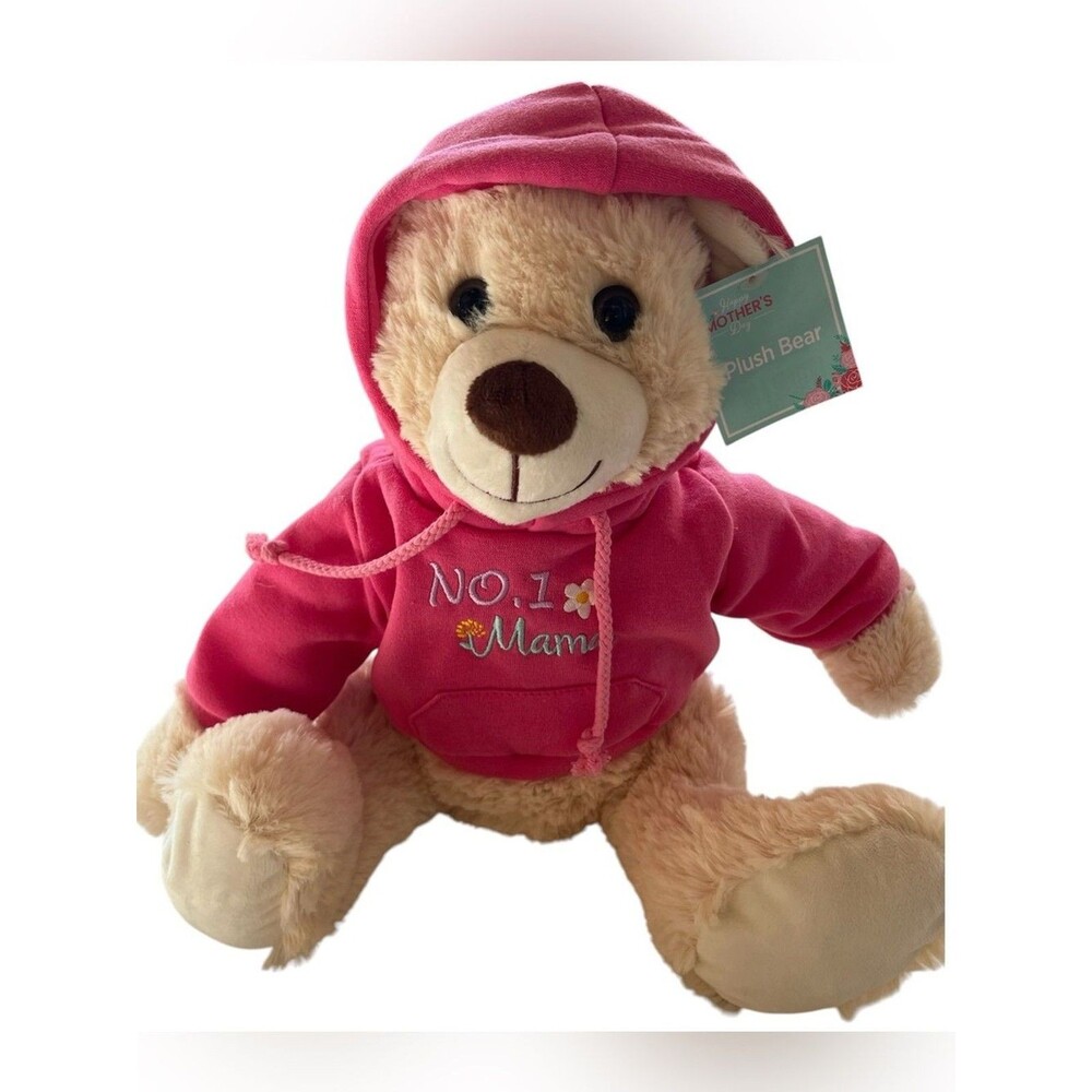 14 Inch Beige Teddy Bear Stuffed Animal Pink Hoodie “No. 1 Mama” Gift Plush NWT